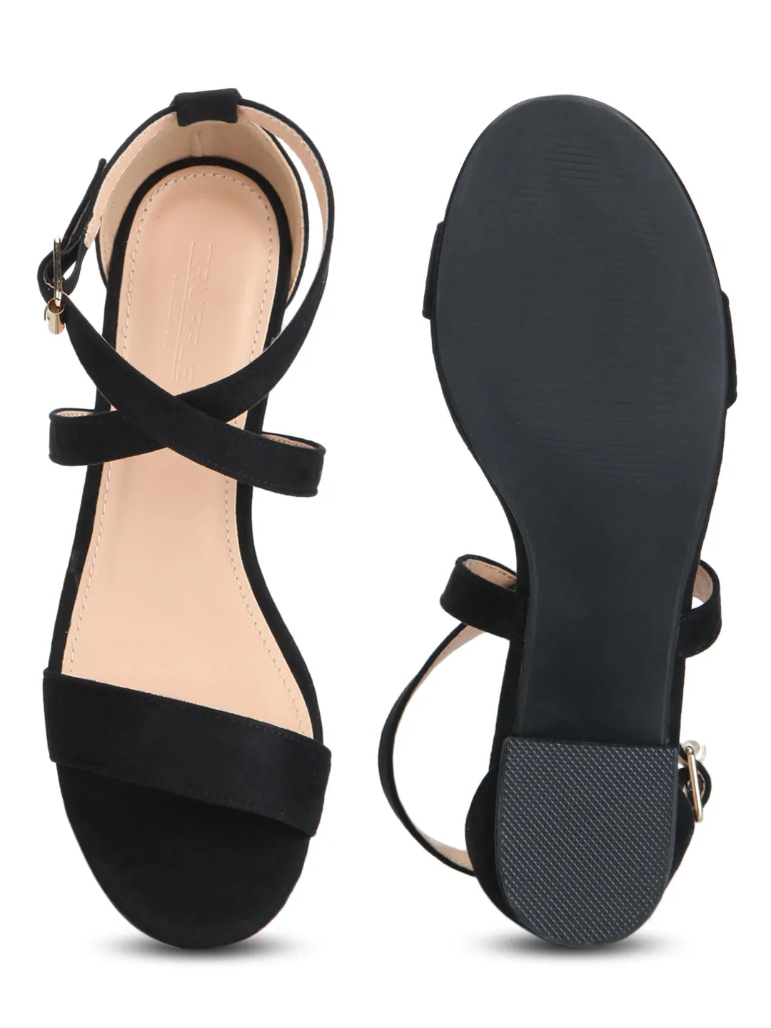 Black Micro Crossover Strap Low Block Heels