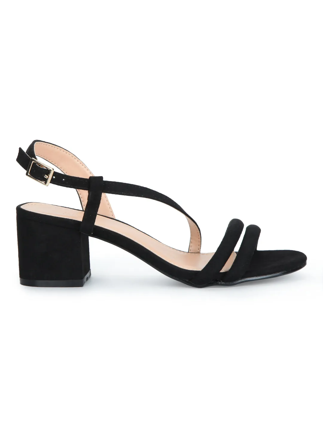 Black Micro Double Strap Low Block Heels