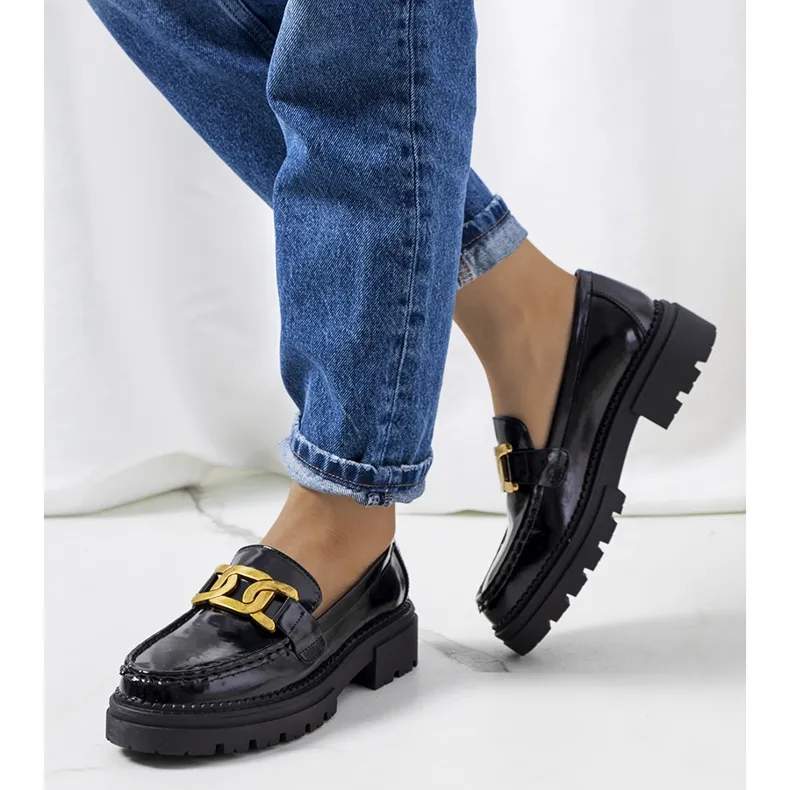 Black moccasins with elevated Dorland sole