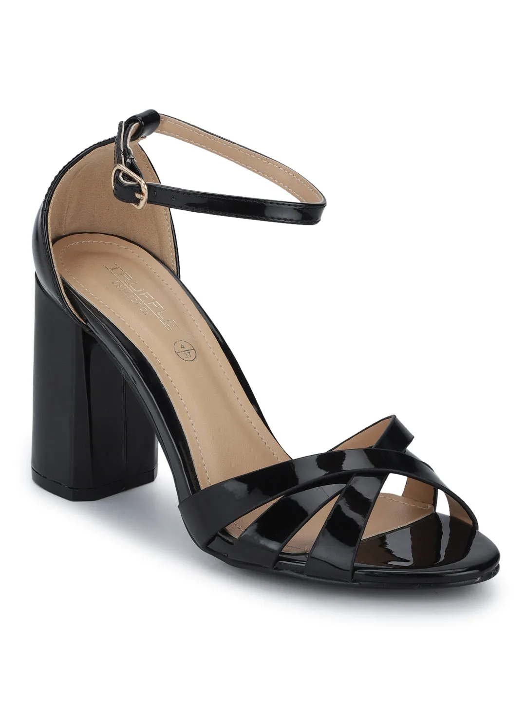 Black Patent Crossover Ankle Strap Block Heels