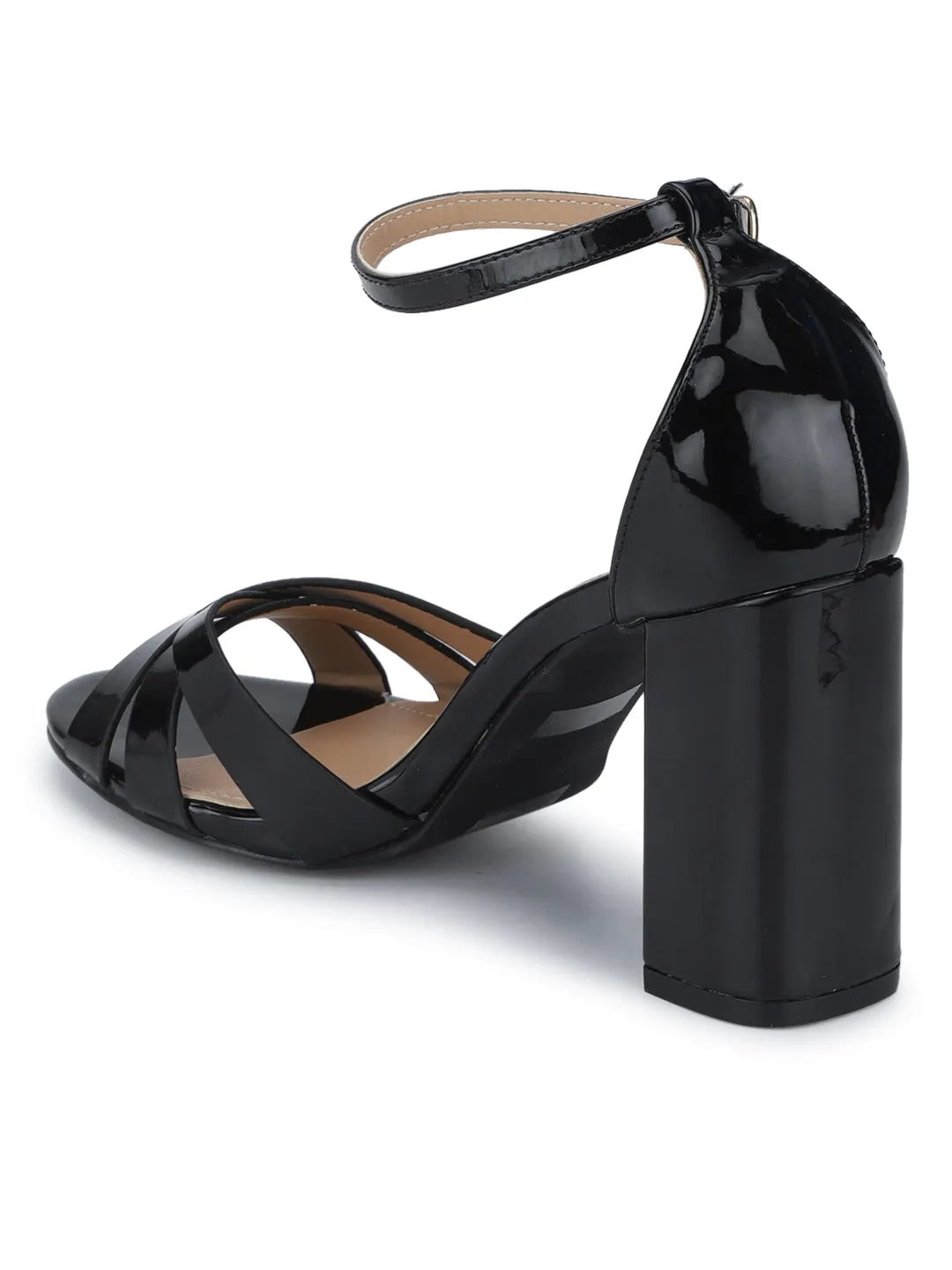 Black Patent Crossover Ankle Strap Block Heels