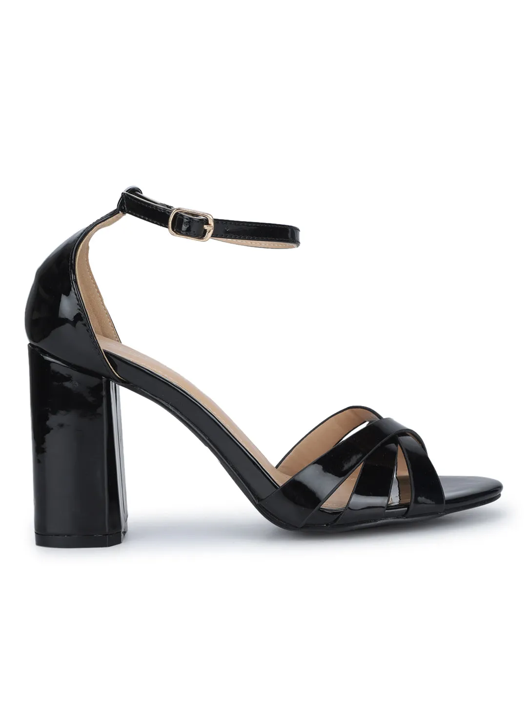 Black Patent Crossover Ankle Strap Block Heels