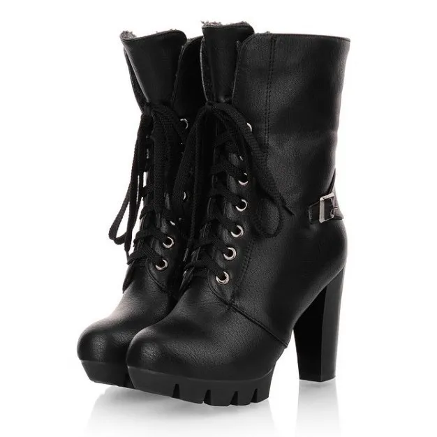 Woolen Flap Over Black Lace Up High Heels Combat Boots