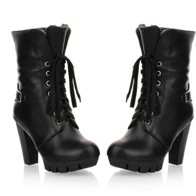 Woolen Flap Over Black Lace Up High Heels Combat Boots