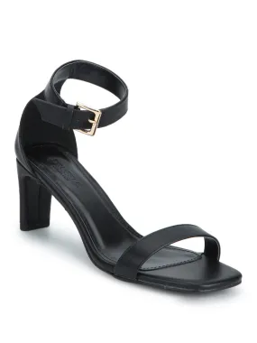 Black PU Ankle Strap Low Slim Block Heels