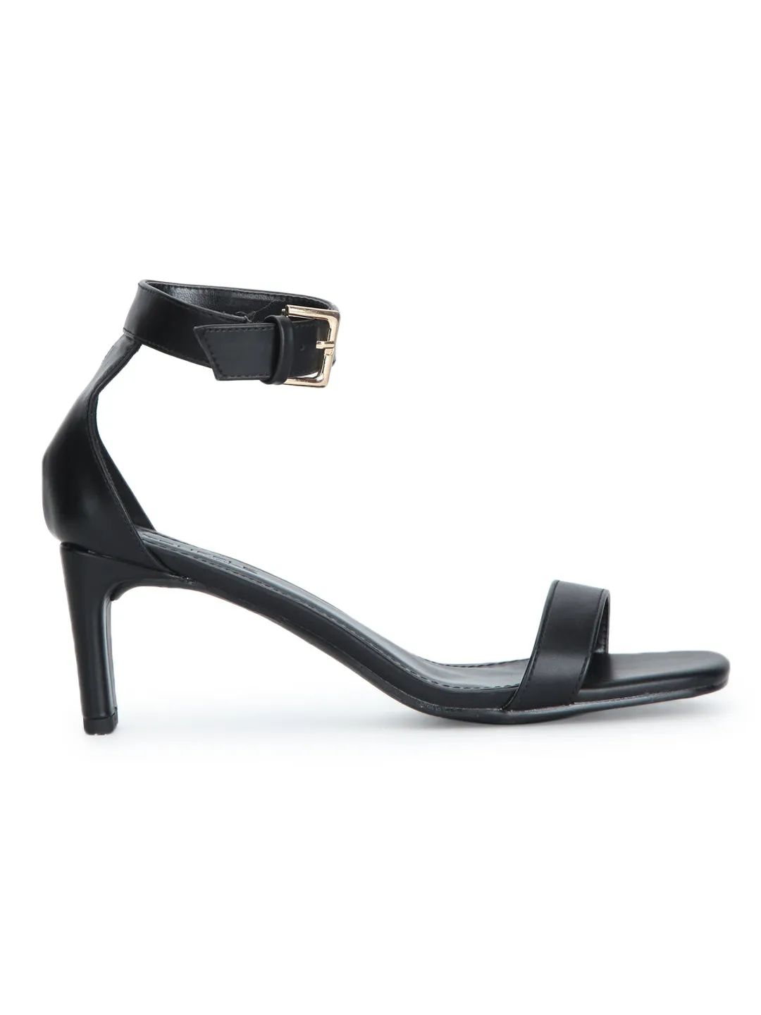 Black PU Ankle Strap Low Slim Block Heels