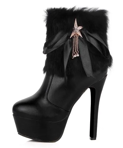 Black Rabbit Fur Ribbons Gold Star Stiletto Platforms Boots