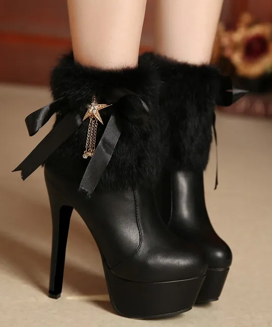 Black Rabbit Fur Ribbons Gold Star Stiletto Platforms Boots