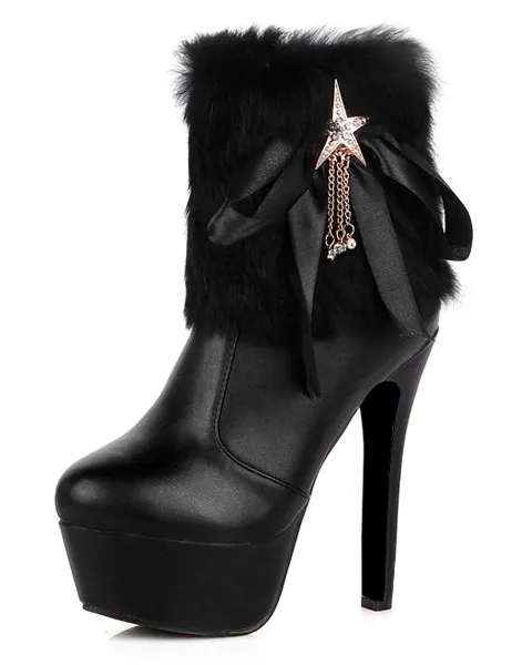 Black Rabbit Fur Ribbons Gold Star Stiletto Platforms Boots