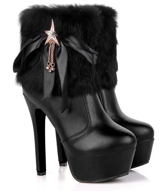 Black Rabbit Fur Ribbons Gold Star Stiletto Platforms Boots