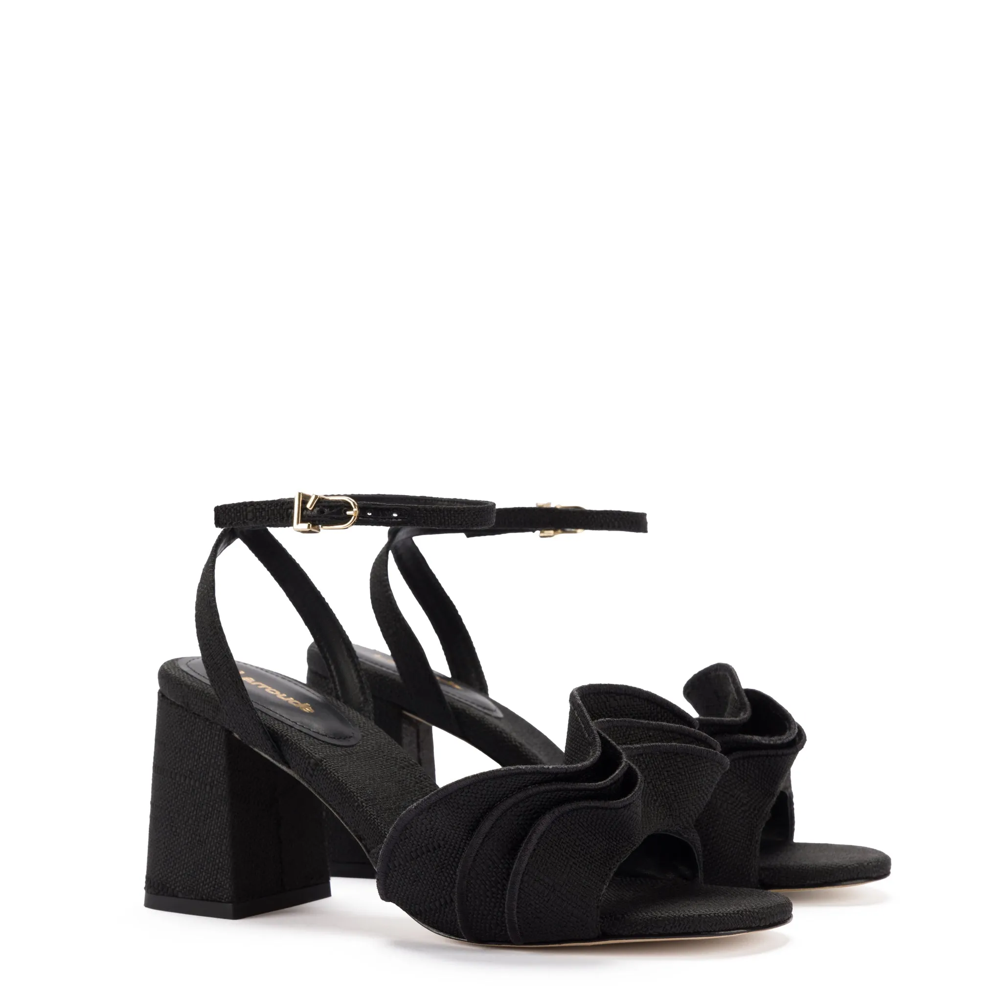 Black Raffia Selena Ruffle Sandal.