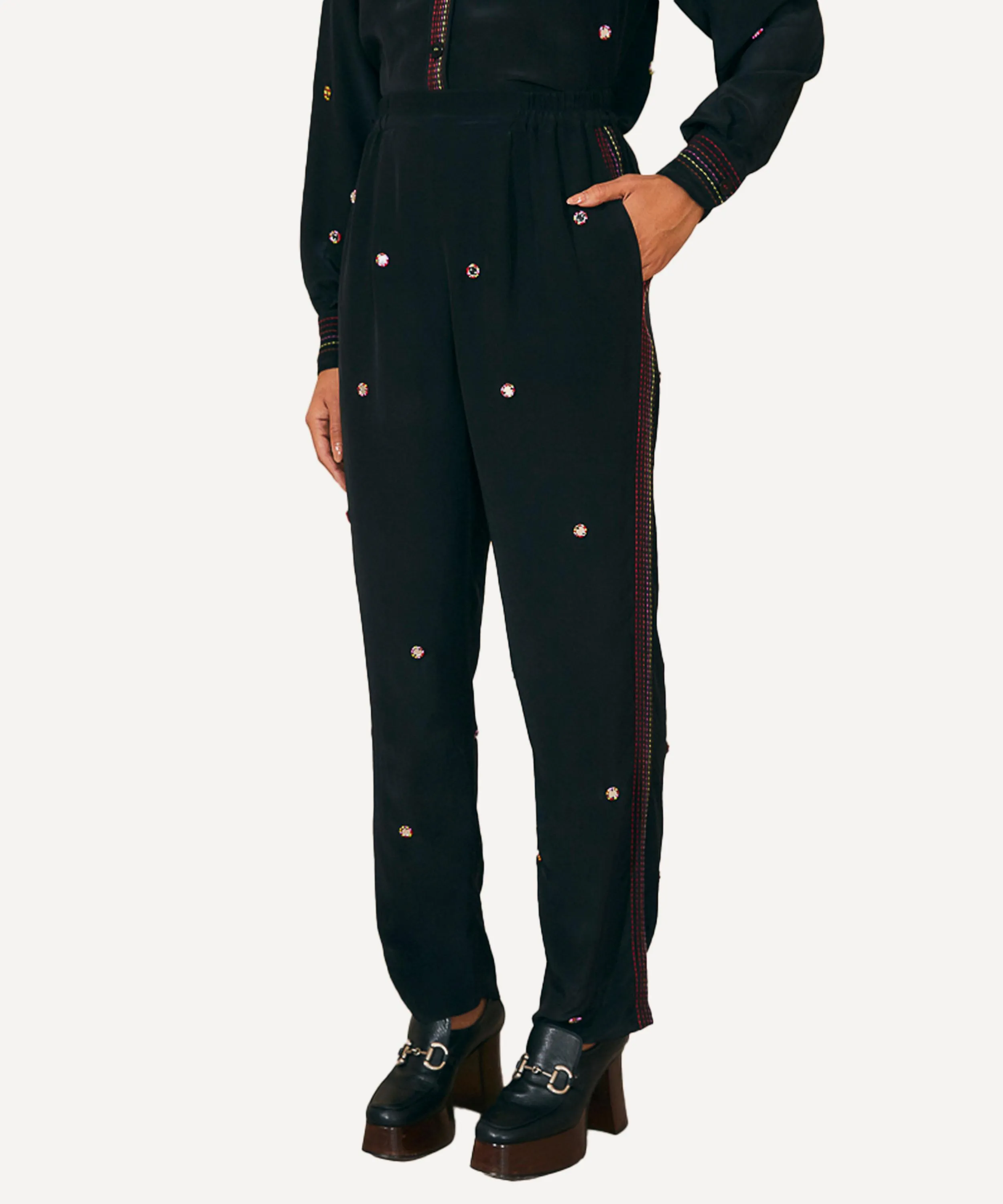 Black Rainbow Beaded Mirror Trim Trousers