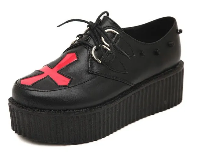 Black Red Cross Studs Lace Up Platforms