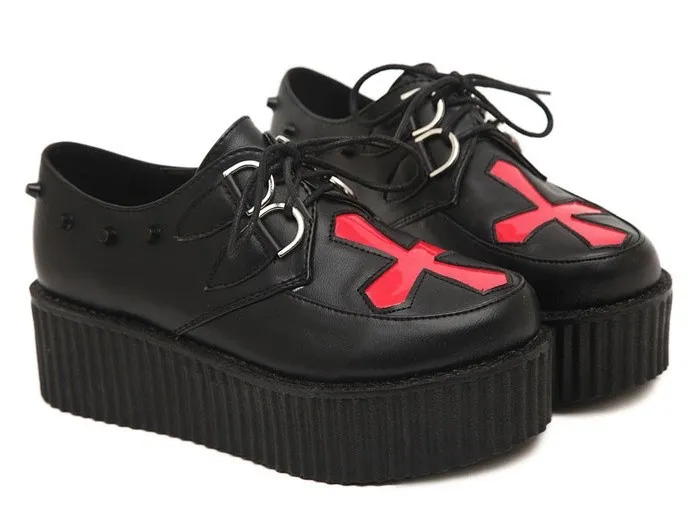 Black Red Cross Studs Lace Up Platforms