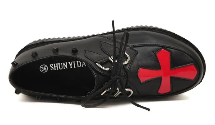 Black Red Cross Studs Lace Up Platforms