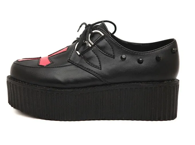 Black Red Cross Studs Lace Up Platforms