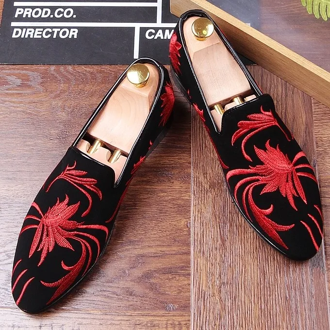 Men's Black Red Embroidered Oxfords