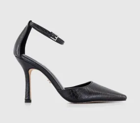 Black Snake Print Women's Office Shoes with Chisel Toe, Ankle Strap, and Courts.