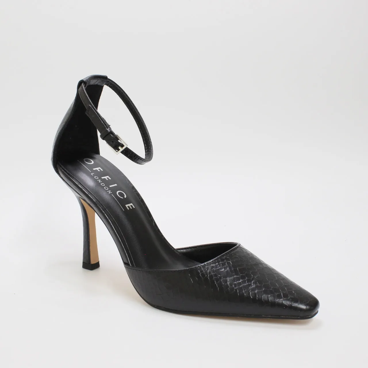 Black Snake Print Women's Office Shoes with Chisel Toe, Ankle Strap, and Courts.