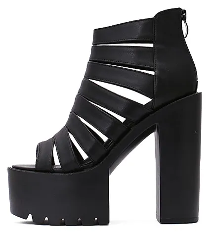 Black Gladiator High Heel Chunky Sole Block Strap Platforms Sandals