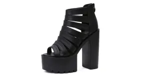 Black Gladiator High Heel Chunky Sole Block Strap Platforms Sandals