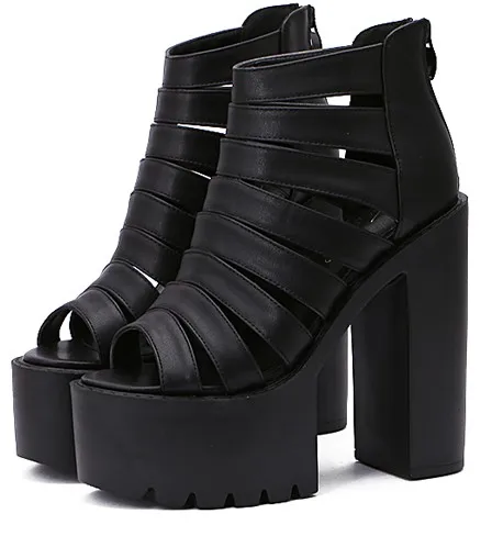 Black Gladiator High Heel Chunky Sole Block Strap Platforms Sandals