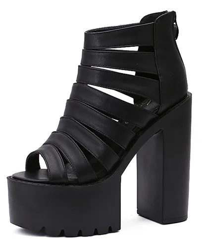 Black Gladiator High Heel Chunky Sole Block Strap Platforms Sandals