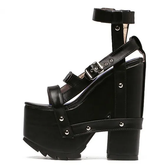 Black Gothic Punk Rock Creeper Platforms Wedges Straps Sandals