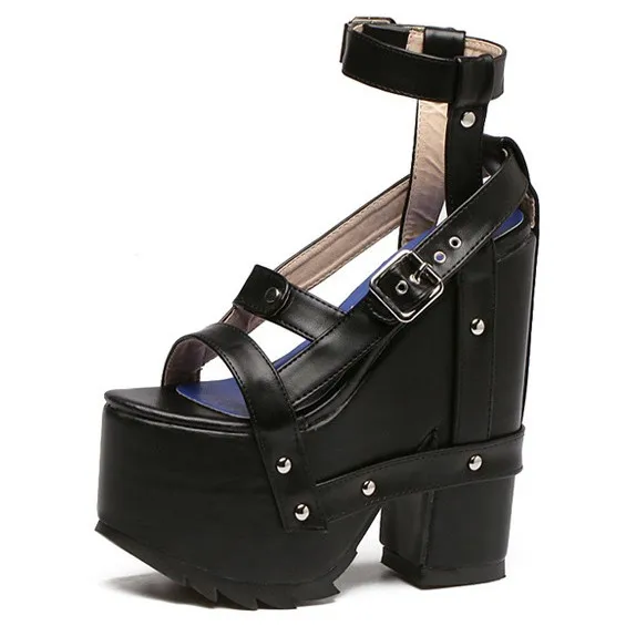 Black Gothic Punk Rock Creeper Platforms Wedges Straps Sandals