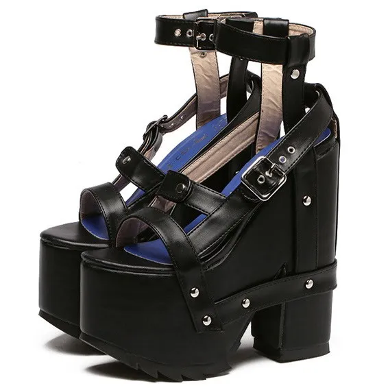 Black Gothic Punk Rock Creeper Platforms Wedges Straps Sandals