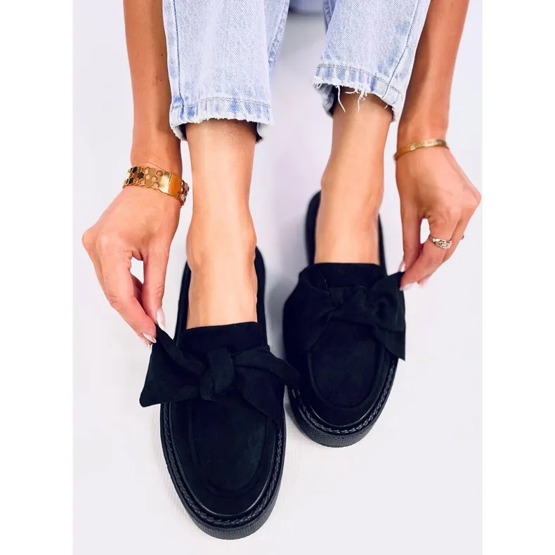 Black Suede Bow Moccasins by Tempelton.