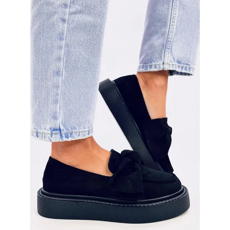 Black Suede Bow Moccasins by Tempelton.