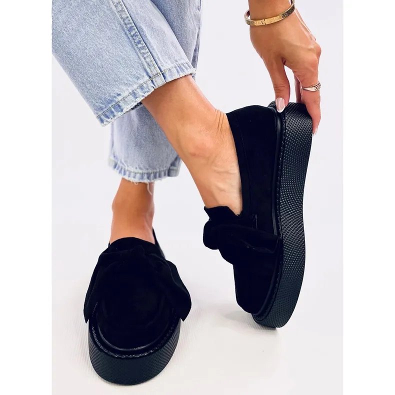 Black Suede Bow Moccasins by Tempelton.