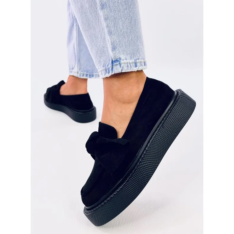 Black Suede Bow Moccasins by Tempelton.