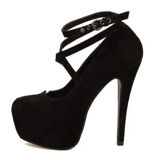 Black Suede Cross Strap Mary Jane Stiletto Heels