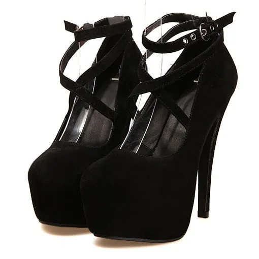 Black Suede Cross Strap Mary Jane Stiletto Heels