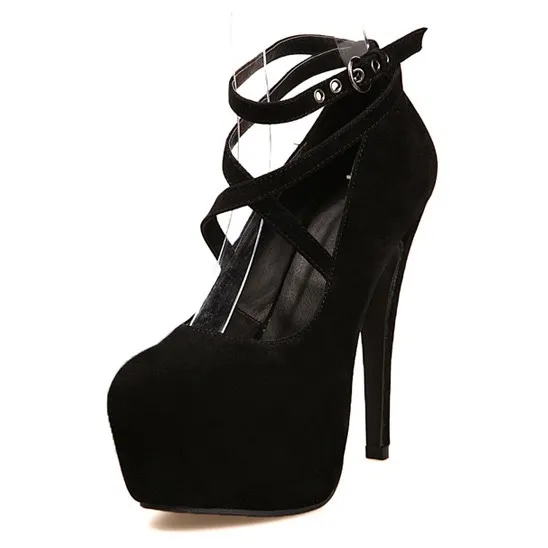 Black Suede Cross Strap Mary Jane Stiletto Heels