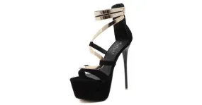 Black Suede Gold Strap Stiletto Sandals