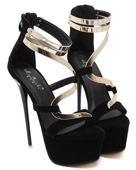 Black Suede Gold Strap Stiletto Sandals