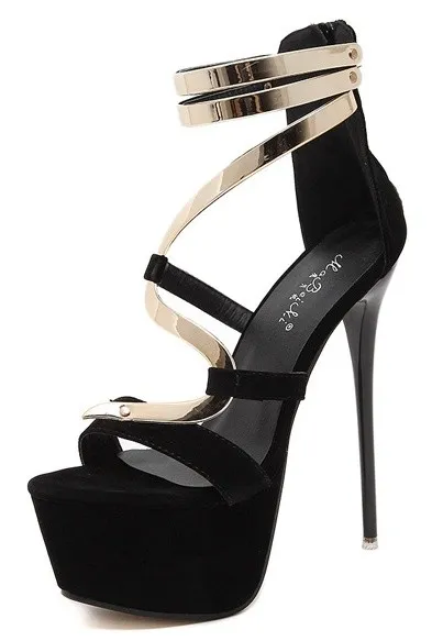 Black Suede Gold Strap Stiletto Sandals