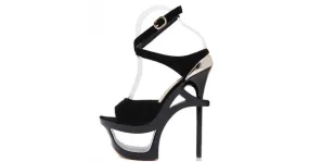 Black Suede Evening Stiletto High Heel Hollow Out Platforms Sandals