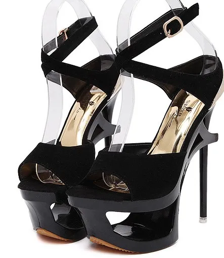 Black Suede Evening Stiletto High Heel Hollow Out Platforms Sandals