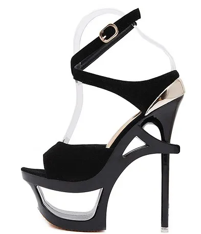 Black Suede Evening Stiletto High Heel Hollow Out Platforms Sandals