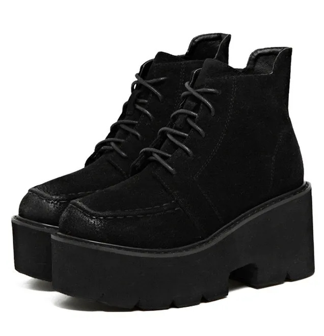 Black Suede Lace-Up Chunky Block Oxfords Platforms Dress Shoes