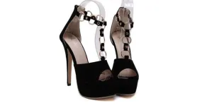 Black Suede Stiletto High Heel Platforms T Strap Metal Gold Rings Sandals