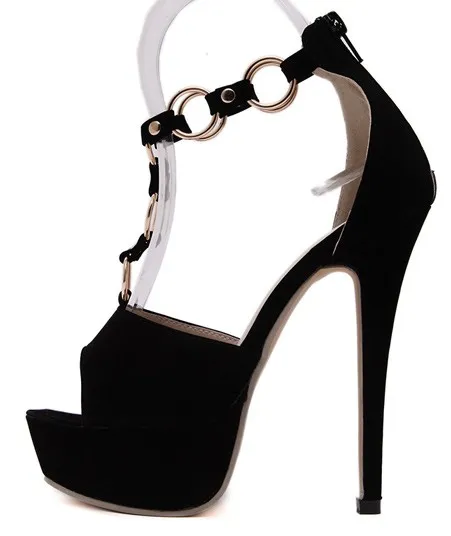 Black Suede Stiletto High Heel Platforms T Strap Metal Gold Rings Sandals