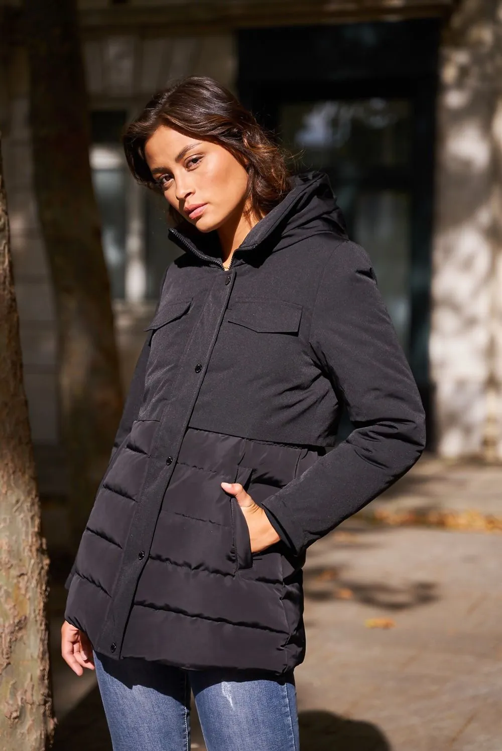 Black Tiered Hooded Puffer Coat