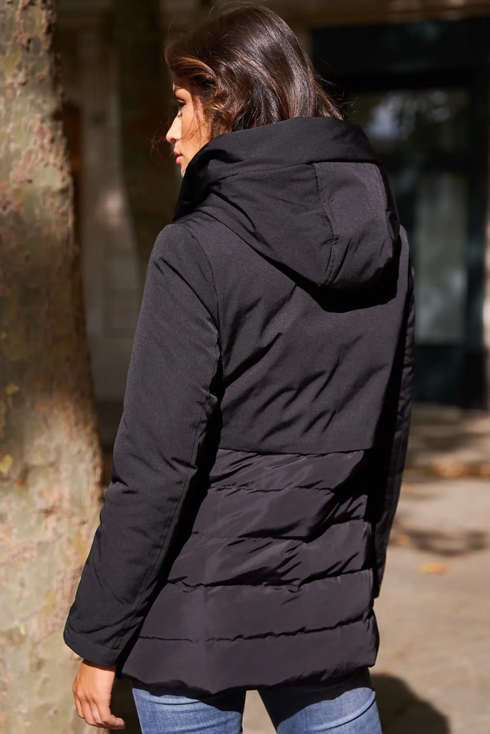 Black Tiered Hooded Puffer Coat