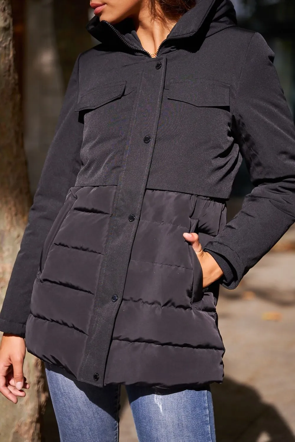 Black Tiered Hooded Puffer Coat