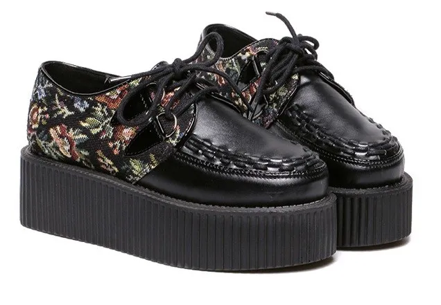 Vintage Black Flower Lace Up Platforms Retro Creepers Oxfords